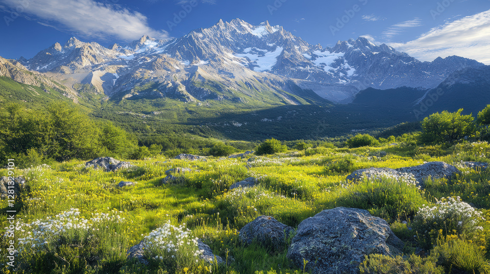 breathtaking mountain range under clear blue sky with snow capped peaks and lush green meadow filled with wildflowers in foreground breathtaking mountain range under clear blue sky with snow capped peaks and lush green meadow filled with wildflowers in foreground