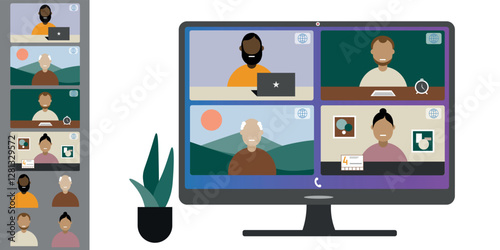 Video call conference, working from home. Colleagues of different nationalities and ages talk to each other on computer screen. Isolated illustration on white background in flat style trendy colors