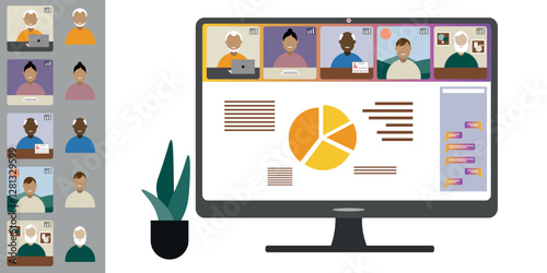 Video call conference, working from home. Colleagues of different nationalities and ages talk to each other on computer screen. Isolated illustration on white background in flat style trendy colors