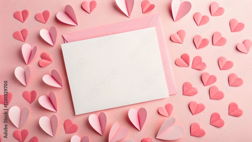 Valentines Day Pink Paper Hearts Greeting Card Mockup