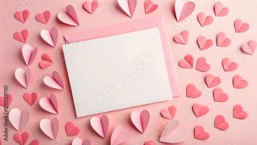 Obraz na płótnie Valentines Day Pink Paper Hearts Greeting Card Mockup w salonie