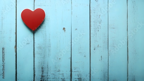Red Heart on Rustic Light Blue Wooden Background
