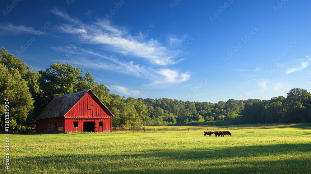 peaceful rural farm scene with red barn and grazing cows under clear blue sky peaceful rural farm scene with red barn and grazing cows under clear blue sky