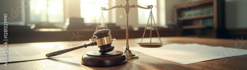Elegant Courtroom Scene with Gavel and Scales of Justice on Wooden Table Surrounded by Legal Documents