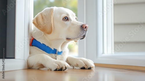 Thoughtful Dog Watching Owners Prepare for Move Through Window - Emotional Pet Photography Concept