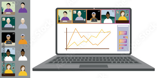 Video call conference, working from home. Colleagues of different nationalities and ages talk to each other on the laptop screen. Isolated illustration on white background in flat style trendy colors