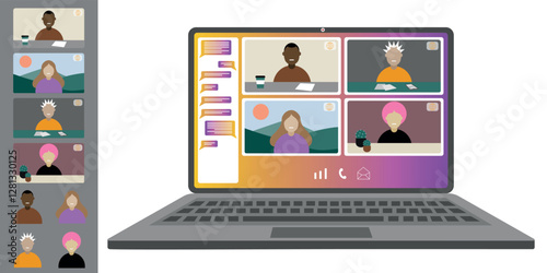 Video call conference, working from home. Colleagues of different nationalities and ages talk to each other on the laptop screen. Isolated illustration on white background in flat style trendy colors
