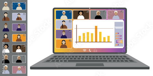 Video call conference, working from home. Colleagues of different nationalities and ages talk to each other on the laptop screen. Isolated illustration on white background in flat style trendy colors