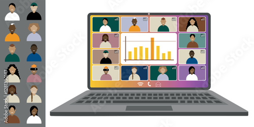 Video call conference, working from home. Colleagues of different nationalities and ages talk to each other on the laptop screen. Isolated illustration on white background in flat style trendy colors