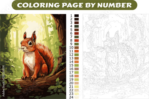Coloring Page by Number | Cute Red Squirrel in Nature | DIY Painting
