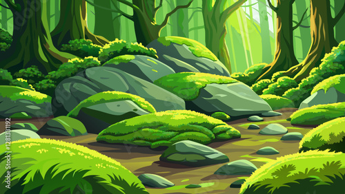 Beautiful Bright Green moss grown up cover the rough stones and on the floor in the forest Show with macro view Rocks full of the moss texture in nature