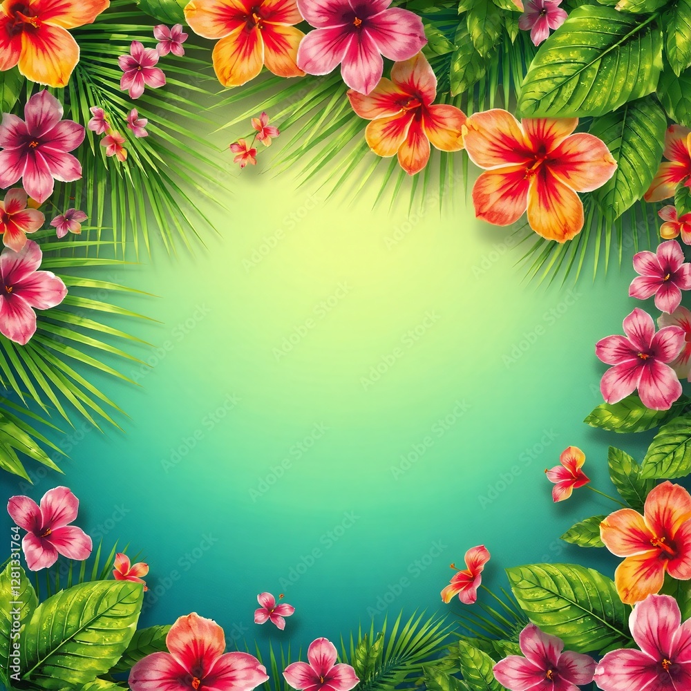Obraz premium A bright and exotic tropical-themed background with vivid green palm leaves and colorful hibiscus flowers framing the edges, leaving a clean center space for text placement