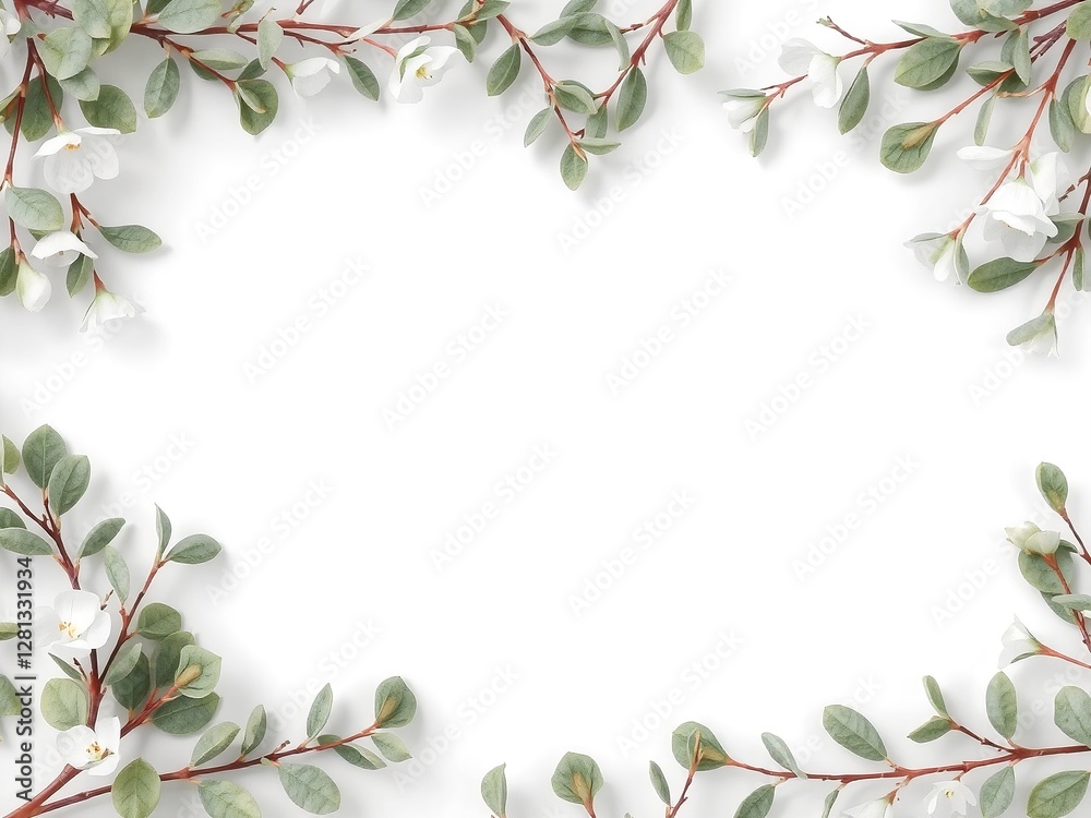 Fototapeta premium A clean and modern botanical background featuring soft eucalyptus branches arranged around the edges, with a minimal white center left empty for text placement. Gentle shadows add depth.