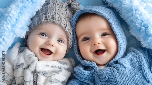 Adorable Twin Babies in Knitted Hats and Sweaters