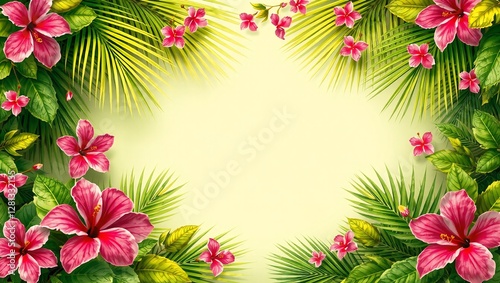 A bright and exotic tropical-themed background with vivid green palm leaves and colorful hibiscus flowers framing the edges, leaving a clean center space for text placement