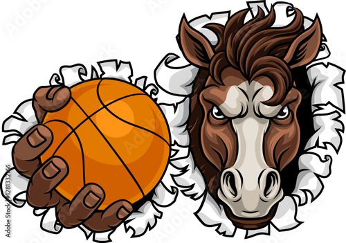 Horse mustang bronco stallion basketball angry sports team mascot holding a ball.