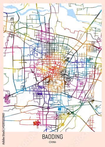 Obraz na płótnie Baoding China City Map, downtown tourism, house art travel, scenic metropolis concept, travel art city, patriotic abstract banner w salonie