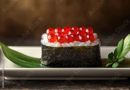 Wallpaper Mural Close-up of Gunkanmaki Sushi with Bright Red Fish Roe Garnish on a Decorative Plate Surrounded by Green Leaves and Natural Textures Torontodigital.ca