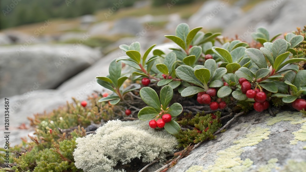 Bearberry Plants and Lichens Flourishing on Rocky Mountainside