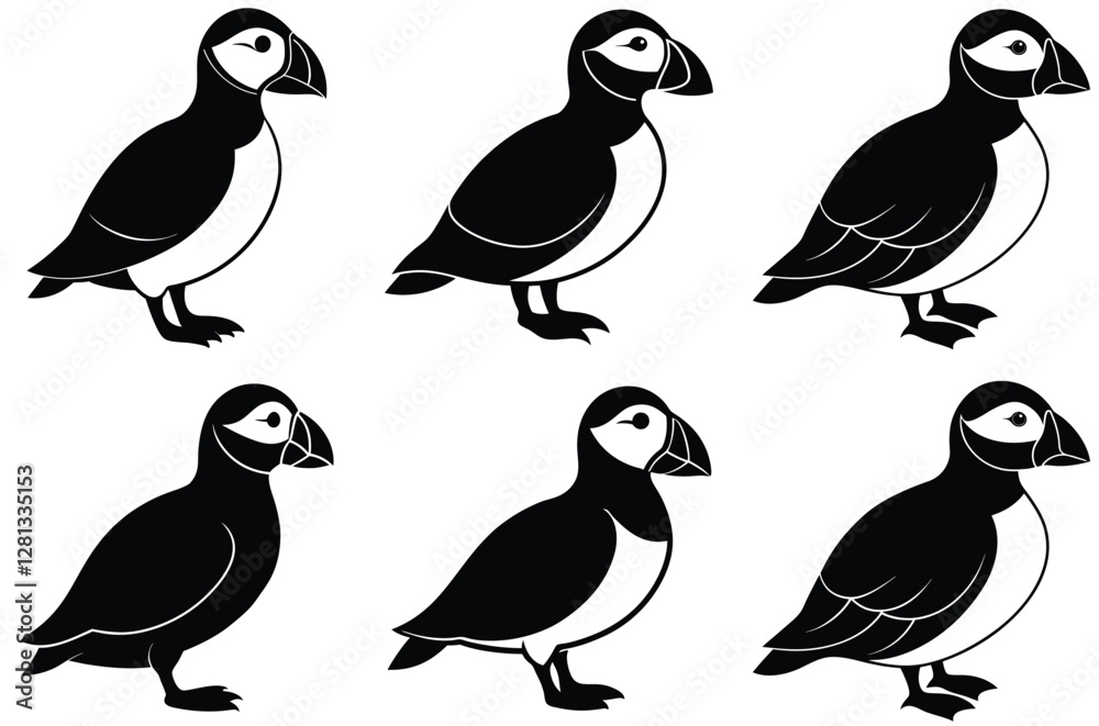 Fototapeta premium Puffin Bird Silhouette set, Silhouette Puffin vector illustration