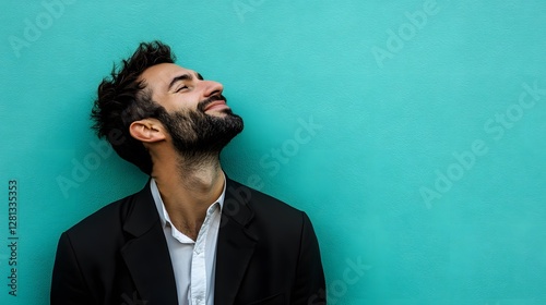 Smiling Man in Black Jacket Against Teal Wall