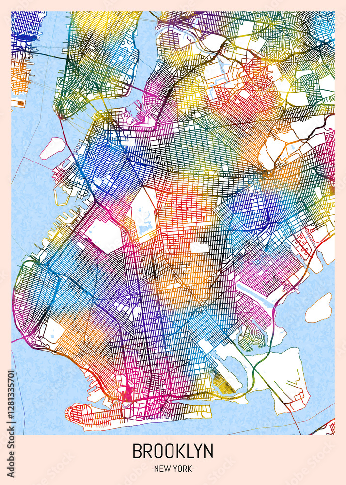 Brooklyn New York Map, downtown tourism, house art travel, scenic metropolis concept, travel art city, patriotic abstract banner