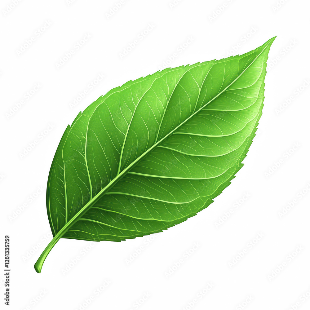 Obraz premium Realistic illustration of a single bright green leaf with a smooth surface and prominent vein patterns, isolated on transparent background.