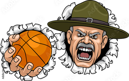 An angry drill instructor or sergeant bootcamp army soldier cartoon character holding basketball ball sports team mascot illustration.