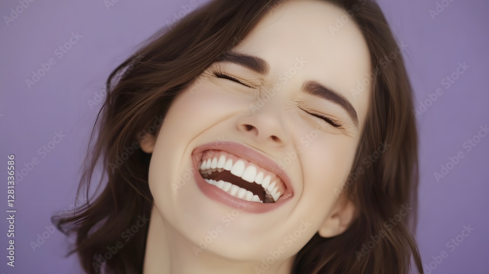 Joyful Woman Laughing Closeup Portrait Purple Background Joyful Woman Laughing Closeup Portrait Purple Background