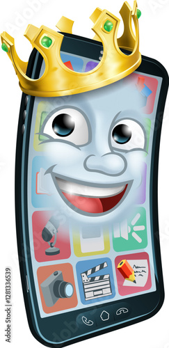 A mobile phone cartoon character mascot wearing a gold king crown