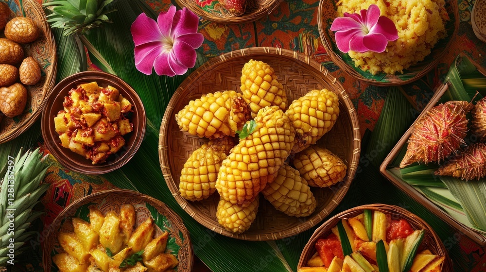Fototapeta premium Tropical Cuisine Featuring Grilled Corn and Various Dishes