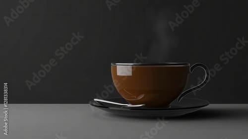 Classic Black Tea Cup with Silver Spoon on Isolated Dark Background