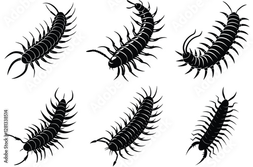 Centipede silhouette set, Centipede running vector flat icon