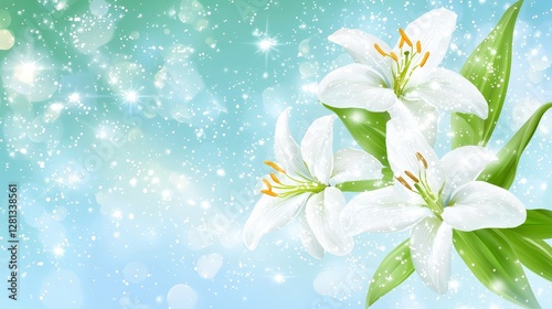 Serene white flower with vibrant green leaves on a tranquil blue background white