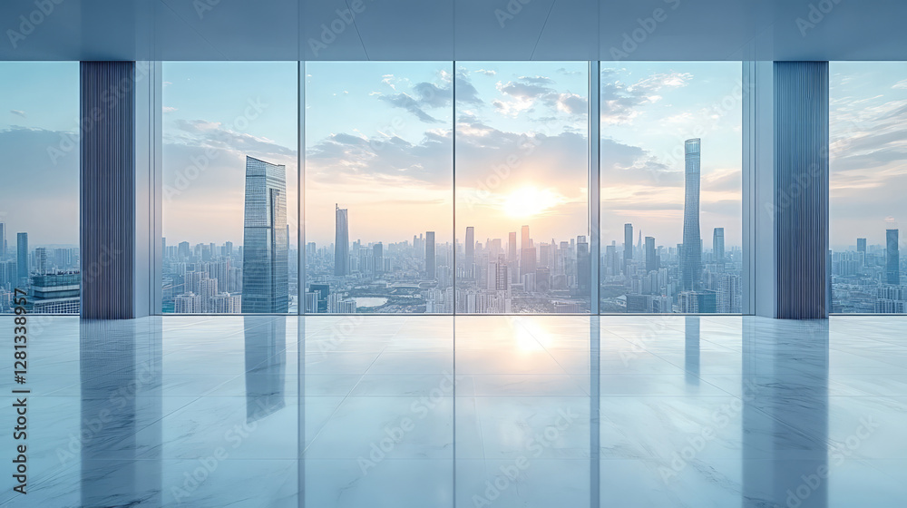 Fototapeta premium Modern empty office building and city skyline outside the window