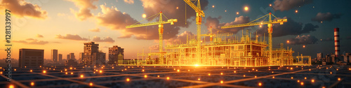 Futuristic construction site with glowing blueprints and cranes at sunset, symbolizing digital transformation in smart infrastructure.