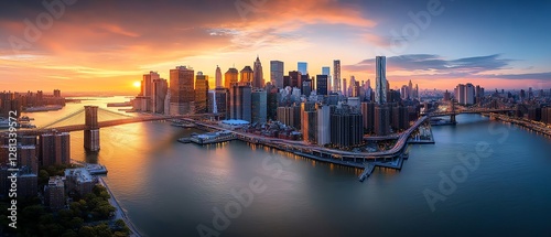 Stunning aerial shot of New York City s Financial District, East River with iconic bridges, glowing skyline at sunset, highresolution cityscape photo