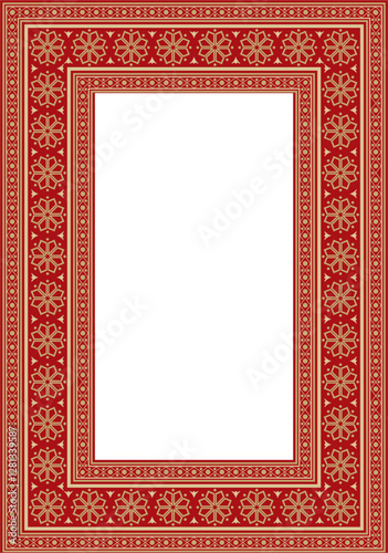 Vector square gold with red ancient Russian ornament. Slavic rectangle, border, frame. Painting of the royal chambers