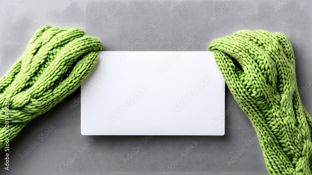Fototapeta premium Green Knitted Gloves Holding Blank White Card Mockup