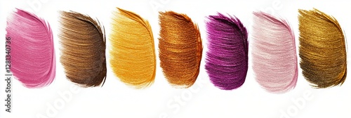 Vibrant collection of colorful ostrich feathers arranged in a row showing different shades from pink to brown, creating an elegant palette for fashion and craft design inspiration.