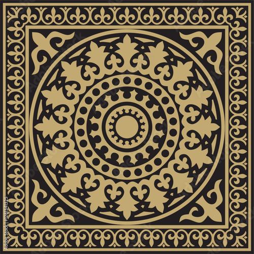 Vector gold and black square classic byzantine ornament. Rectangle, border, Ancient Greece, Eastern Roman Empire frame. Decoration of the Russian Orthodox Church