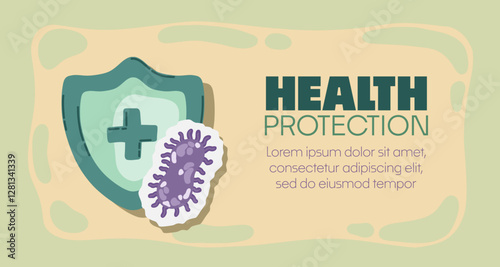 Guard shield attacked by virus, germs and bacteria. Immune system and virus protection concept with Health Protection text. Immunity hygienic medical prevention