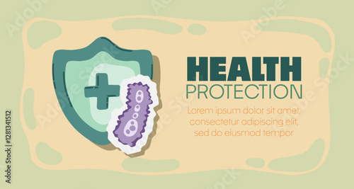 Guard shield attacked by virus, germs and bacteria. Immune system and virus protection concept with Health Protection text. Immunity hygienic medical prevention