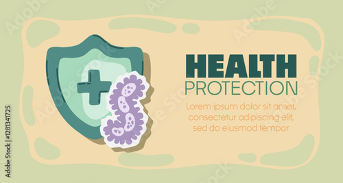 Guard shield attacked by virus, germs and bacteria. Immune system and virus protection concept with Health Protection text. Immunity hygienic medical prevention