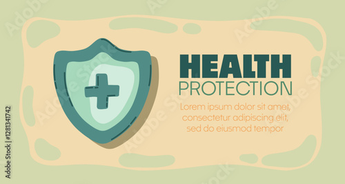 Shield with a cross icon symbol with Health Protection text. Protection of health from diseases. Healthcare security insurance medical concept