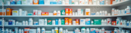 Sleek pharmacy shelves filled with over-the-counter medication boxes, symbolizing accessibility and comprehensive patient care. Professional retail pharmacy design concept.