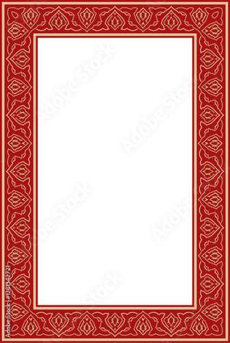 Vector gold with red square Turkish national ornament. Ottoman border, frame. Ethnic floral rectangle, Seljuk Turks pattern. Decoration of the Sultan's palaces