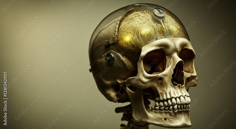 Futuristic human skull with illuminated brain circuitry Futuristic human skull with illuminated brain circuitry