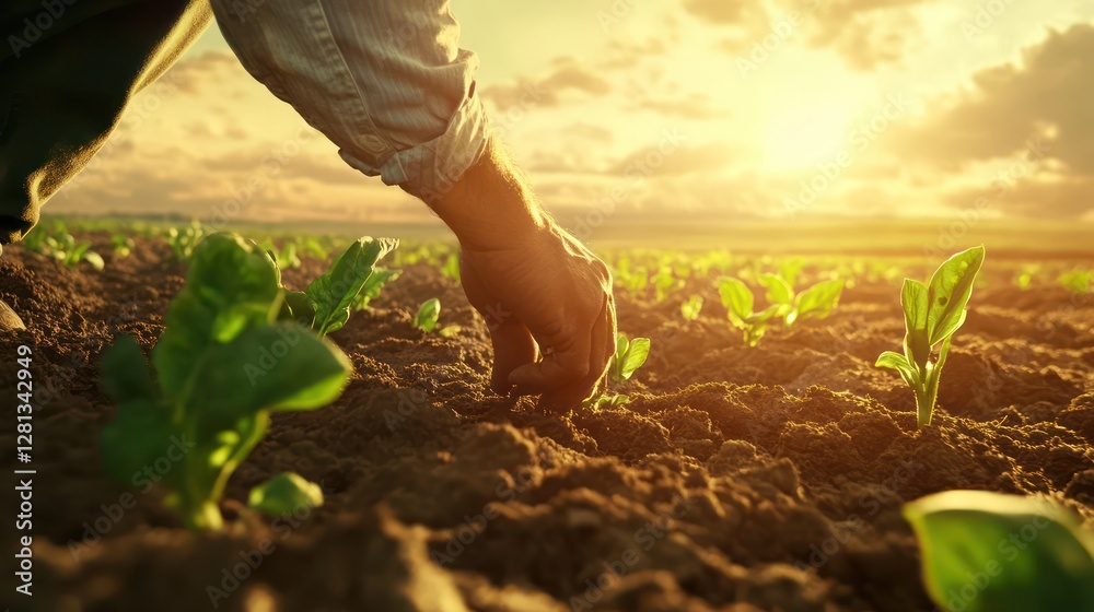 A farmer plants seeds in fertile soil under the shining sun, with distant fields visible, symbolizing growth and agriculture. A farmer plants seeds in fertile soil under the shining sun, with distant fields visible, symbolizing growth and agriculture.