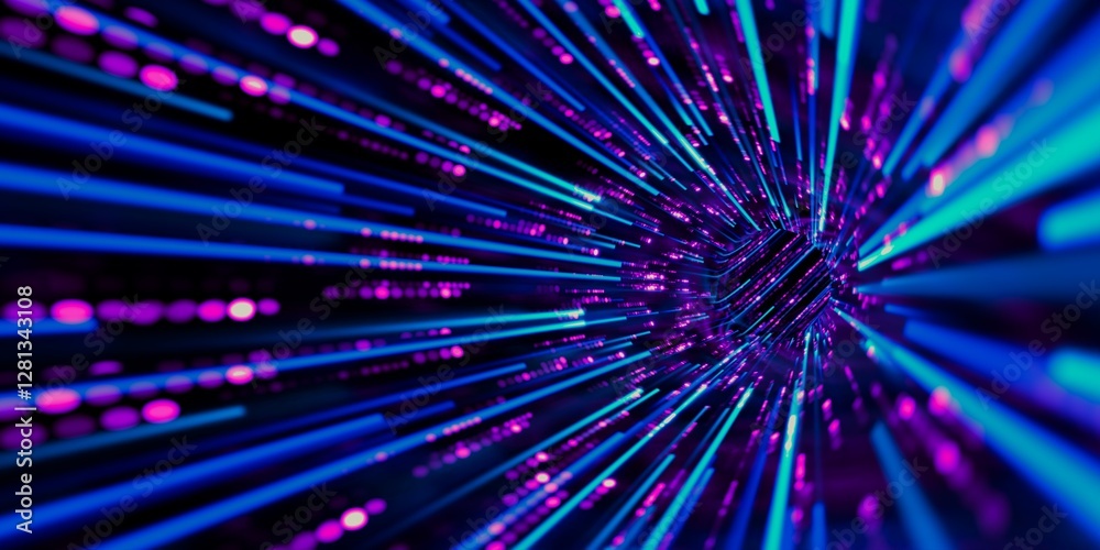 Futuristic 3D render of a hyperspace tunnel bending right, featuring radiant neon streaks and glowing lines, evoking high-speed data flow, cosmic travel, and the energy of lights. Futuristic 3D render of a hyperspace tunnel bending right, featuring radiant neon streaks and glowing lines, evoking high-speed data flow, cosmic travel, and the energy of lights.